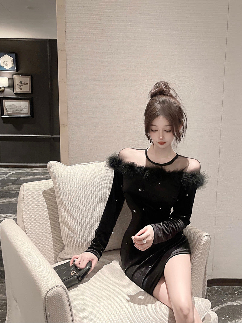 【dress】ファー透かし彫り長袖ワンピースG24132