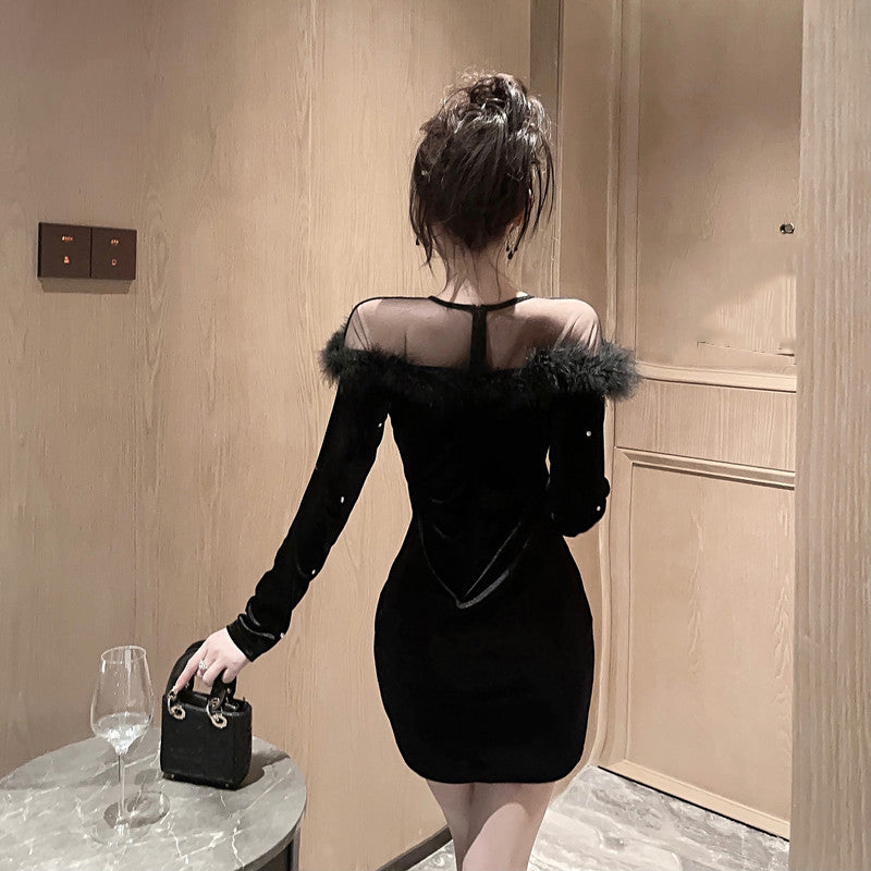 【dress】ファー透かし彫り長袖ワンピースG24132