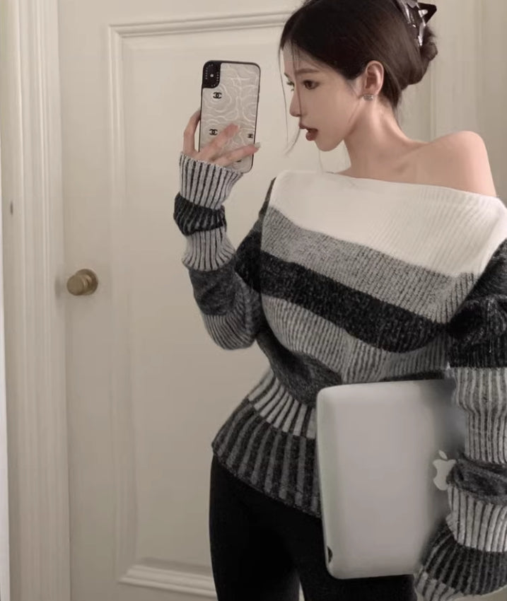 【tops】秋冬ストライプ柄ニットセーターG24135