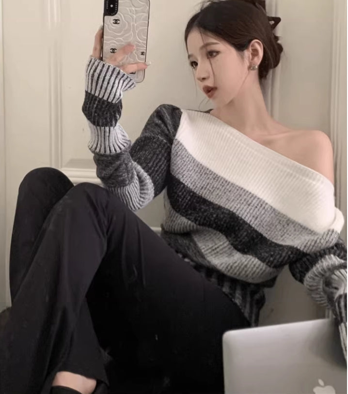 【tops】秋冬ストライプ柄ニットセーターG24135