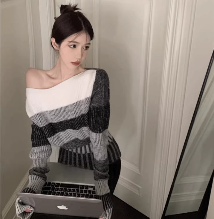 【tops】秋冬ストライプ柄ニットセーターG24135