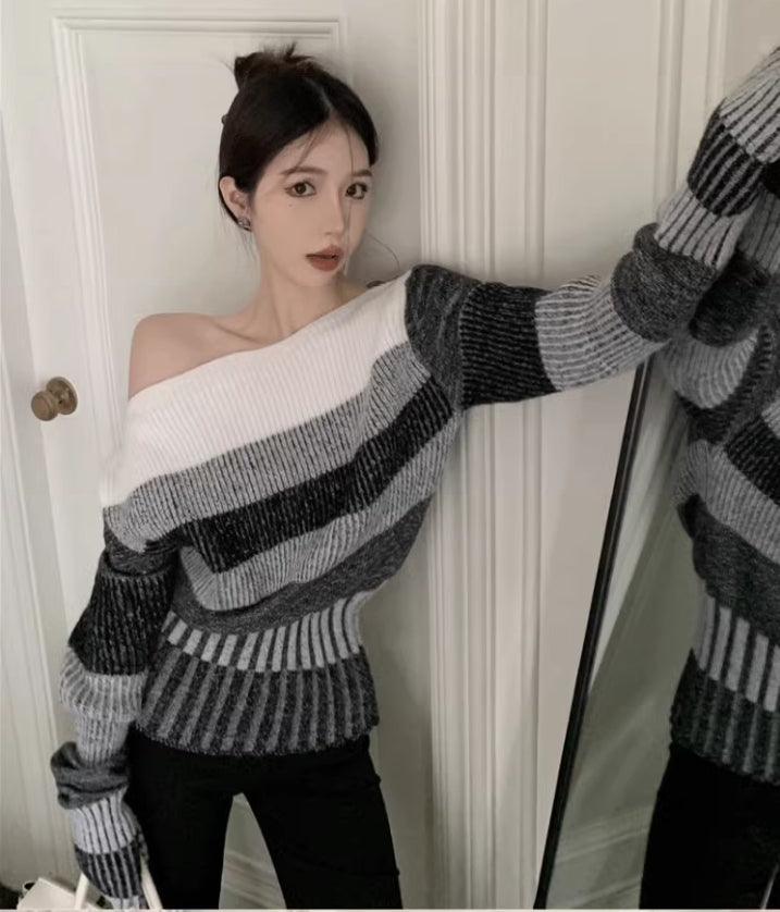 【tops】秋冬ストライプ柄ニットセーターG24135