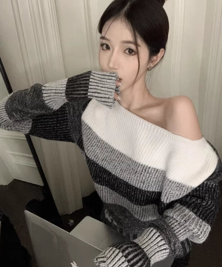 【tops】秋冬ストライプ柄ニットセーターG24135