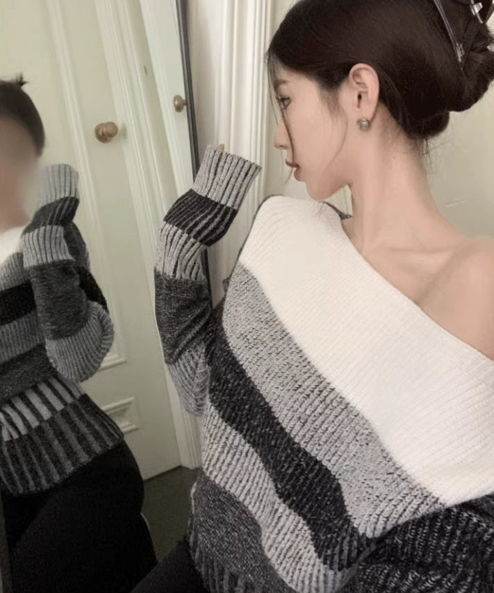 【tops】秋冬ストライプ柄ニットセーターG24135