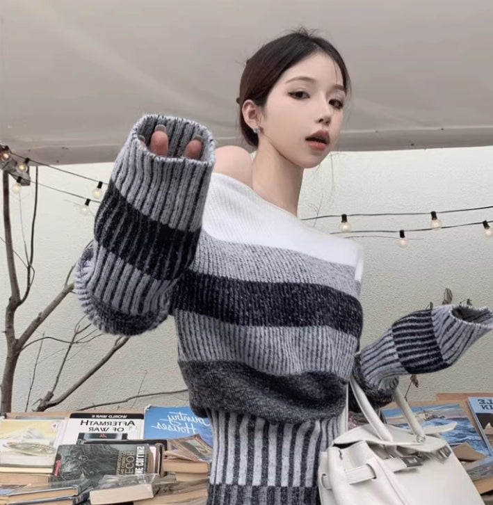 【tops】秋冬ストライプ柄ニットセーターG24135