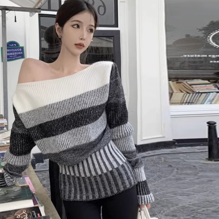 【tops】秋冬ストライプ柄ニットセーターG24135