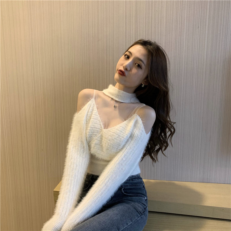 【tops】メッシュVネックニットセーターG24137