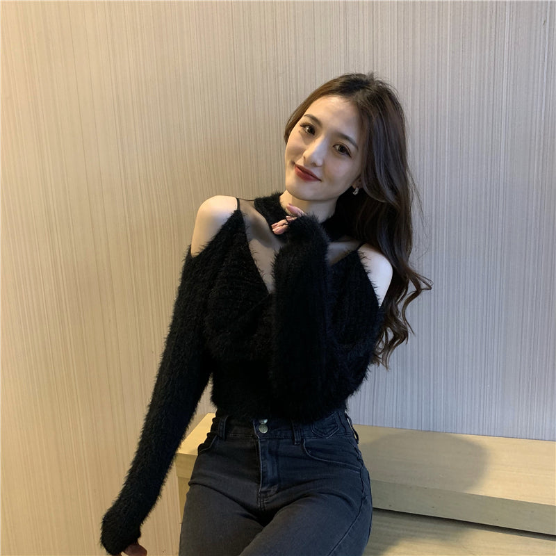 【tops】メッシュVネックニットセーターG24137