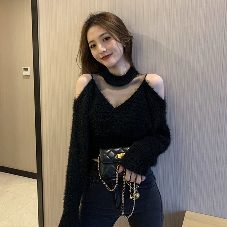 【tops】メッシュVネックニットセーターG24137