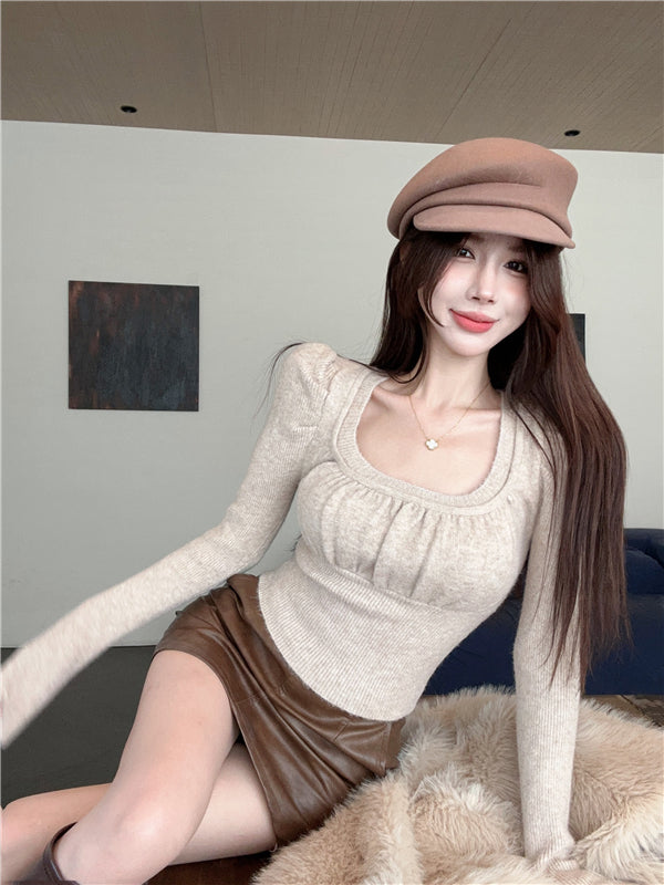 【tops】UネックパフスリーブニットセーターG24139