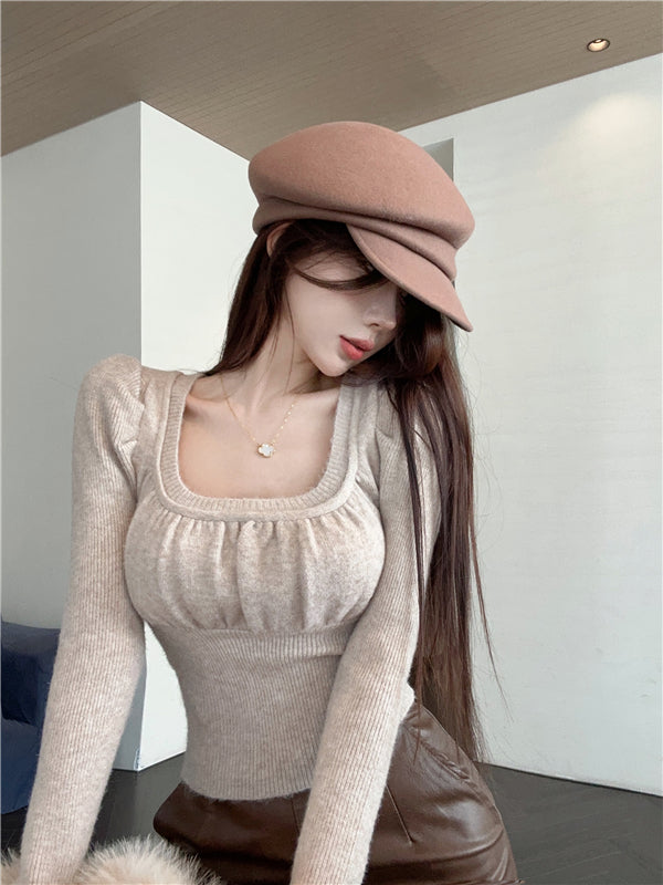 【tops】UネックパフスリーブニットセーターG24139