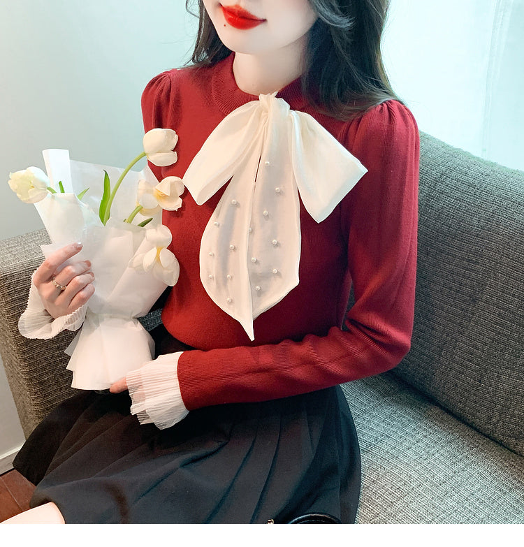 【tops】リボン長袖ニットセーターG24142