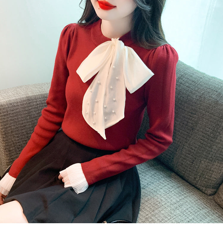 【tops】リボン長袖ニットセーターG24142