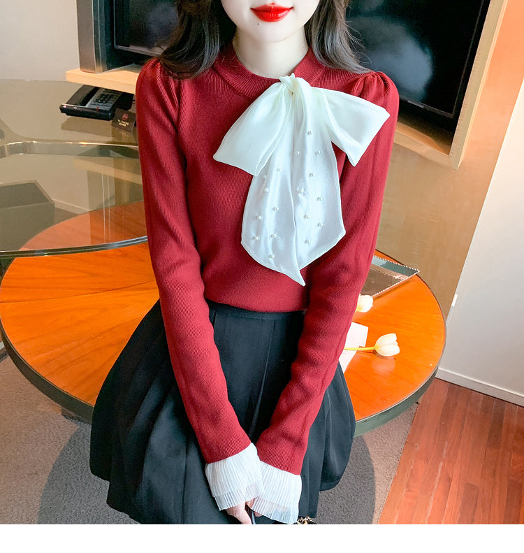 【tops】リボン長袖ニットセーターG24142