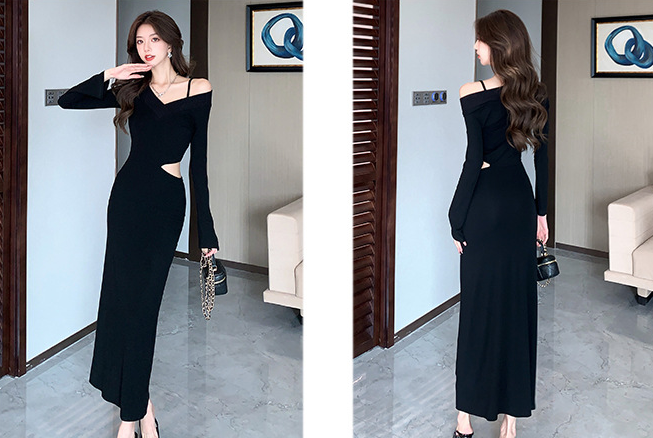 【dress】肩開き長袖ワンピースF8319