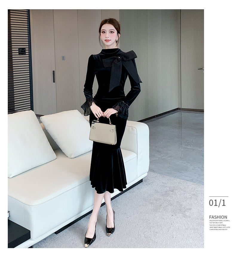 【dress】秋冬リボンマーメイドワンピースG24184