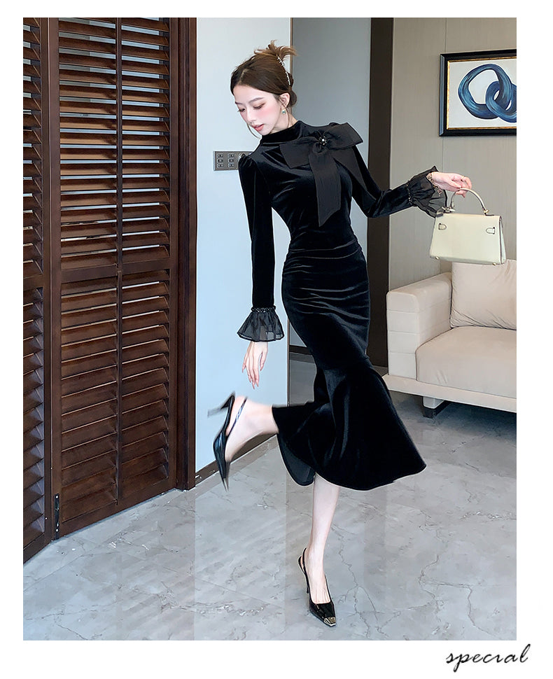 【dress】秋冬リボンマーメイドワンピースG24184