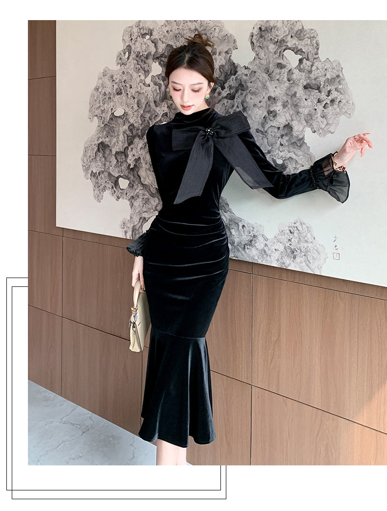 【dress】秋冬リボンマーメイドワンピースG24184