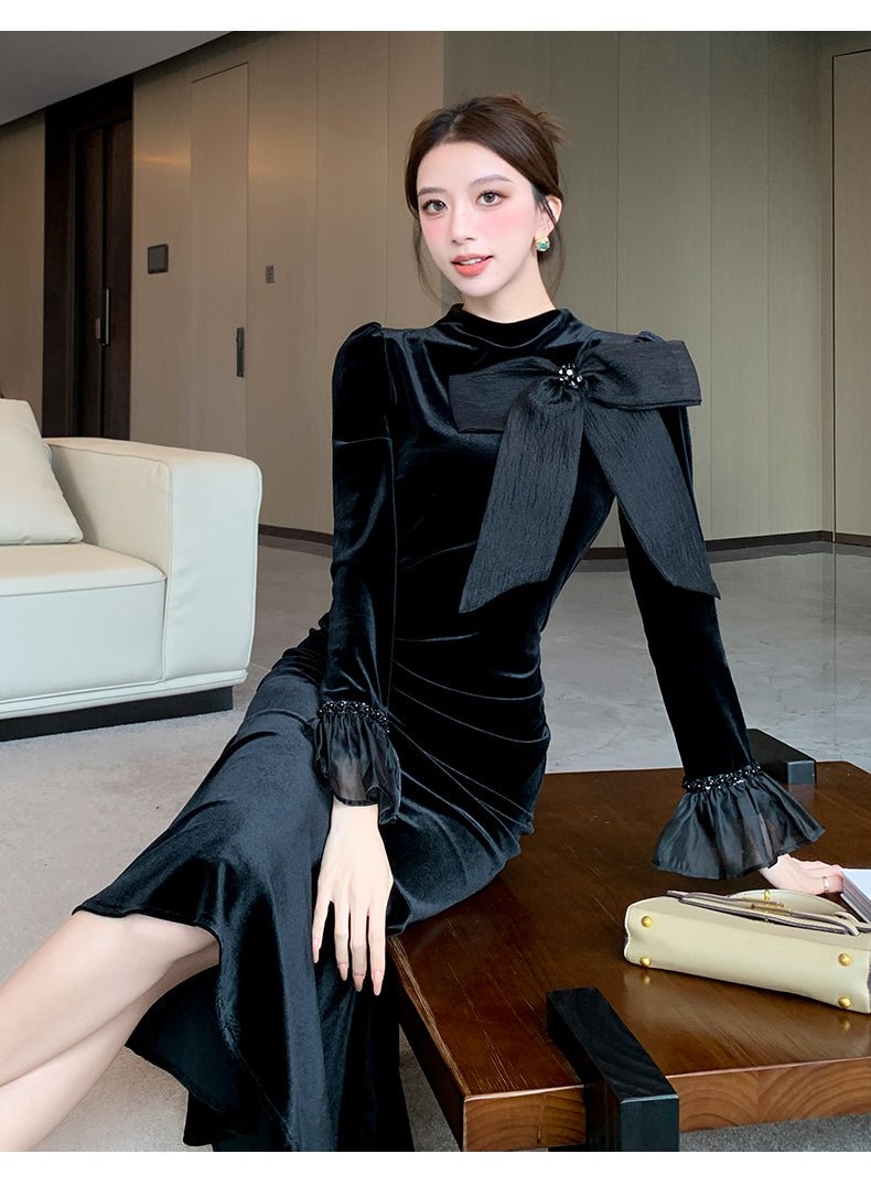 【dress】秋冬リボンマーメイドワンピースG24184