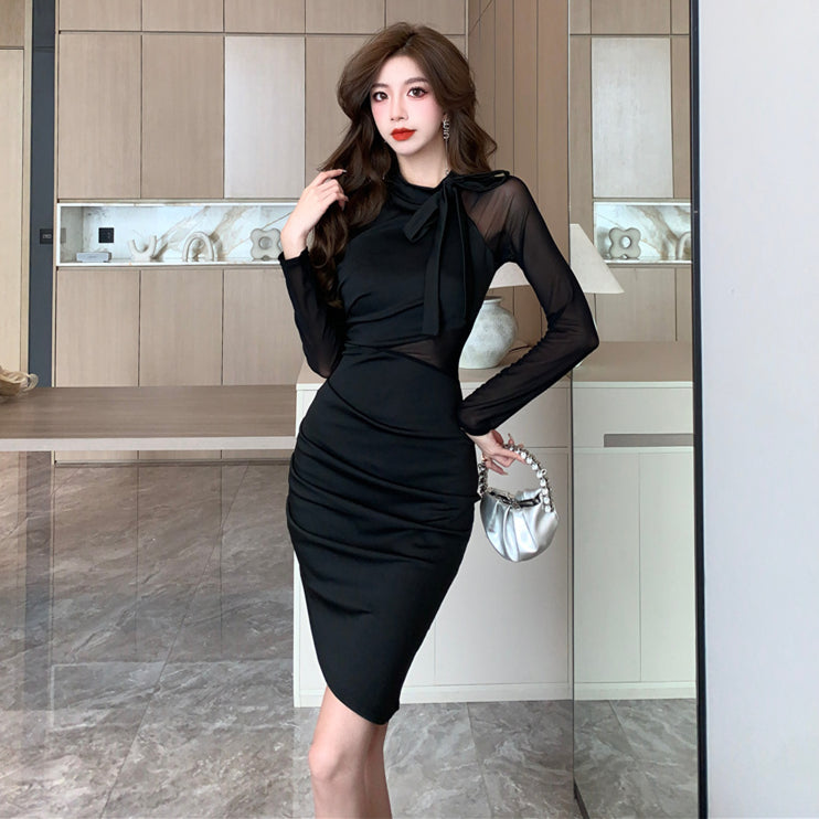 【dress】メッシュ切り替えラウンドネックワンピースG24185