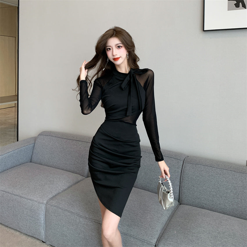 【dress】メッシュ切り替えラウンドネックワンピースG24185