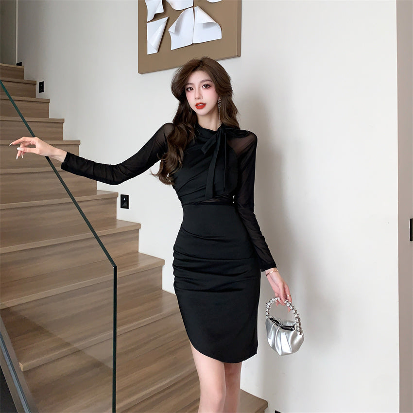 【dress】メッシュ切り替えラウンドネックワンピースG24185