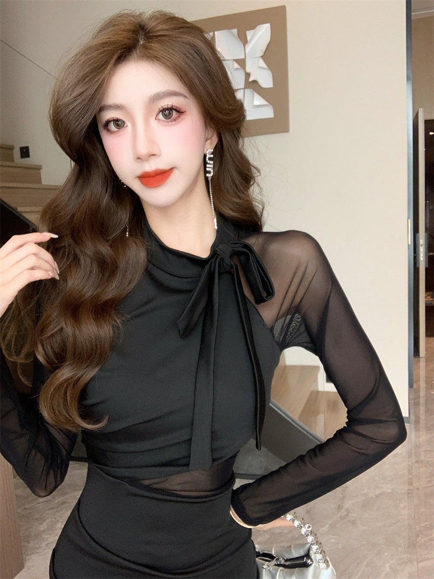 【dress】メッシュ切り替えラウンドネックワンピースG24185