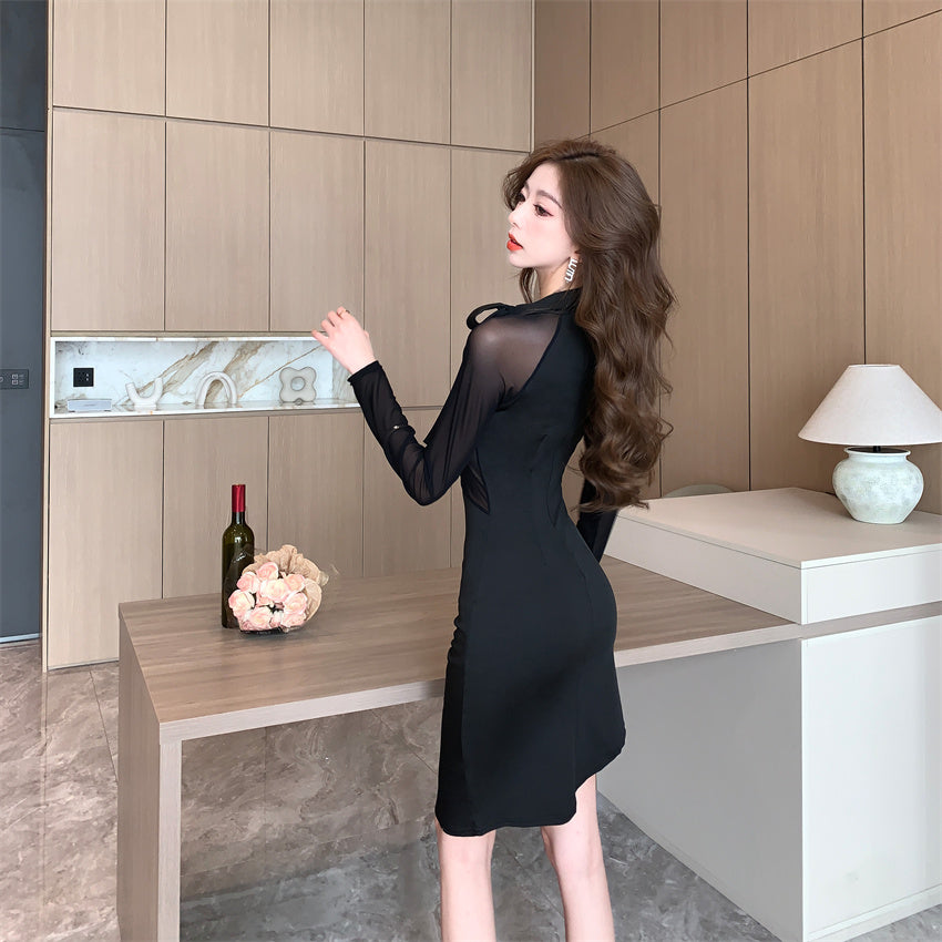 【dress】メッシュ切り替えラウンドネックワンピースG24185