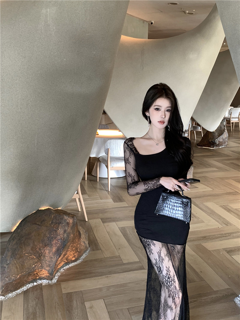 【dress】レース切り替え体型カバーワンピースG24187