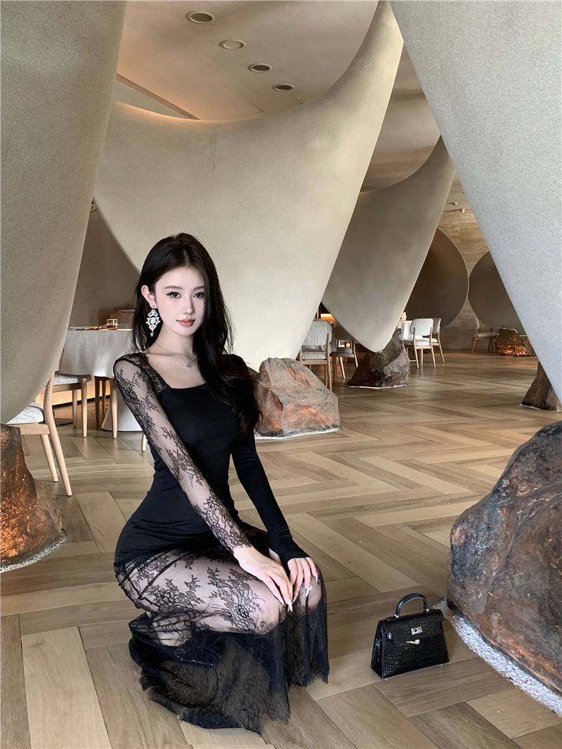 【dress】レース切り替え体型カバーワンピースG24187