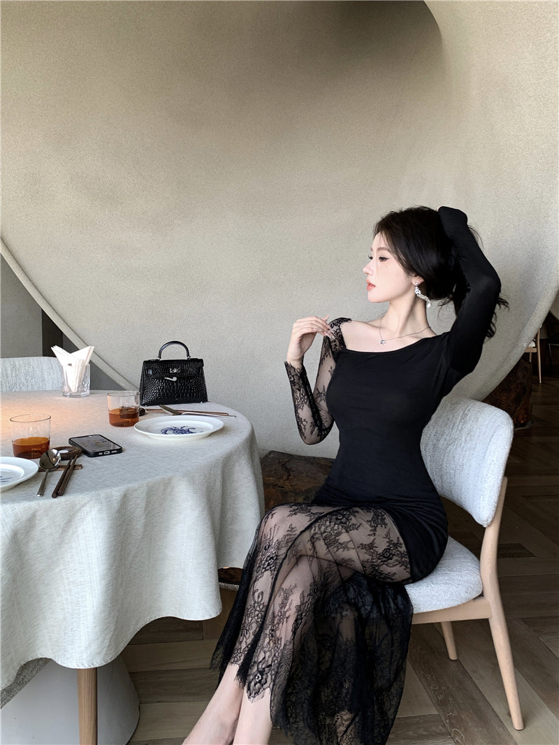 【dress】レース切り替え体型カバーワンピースG24187