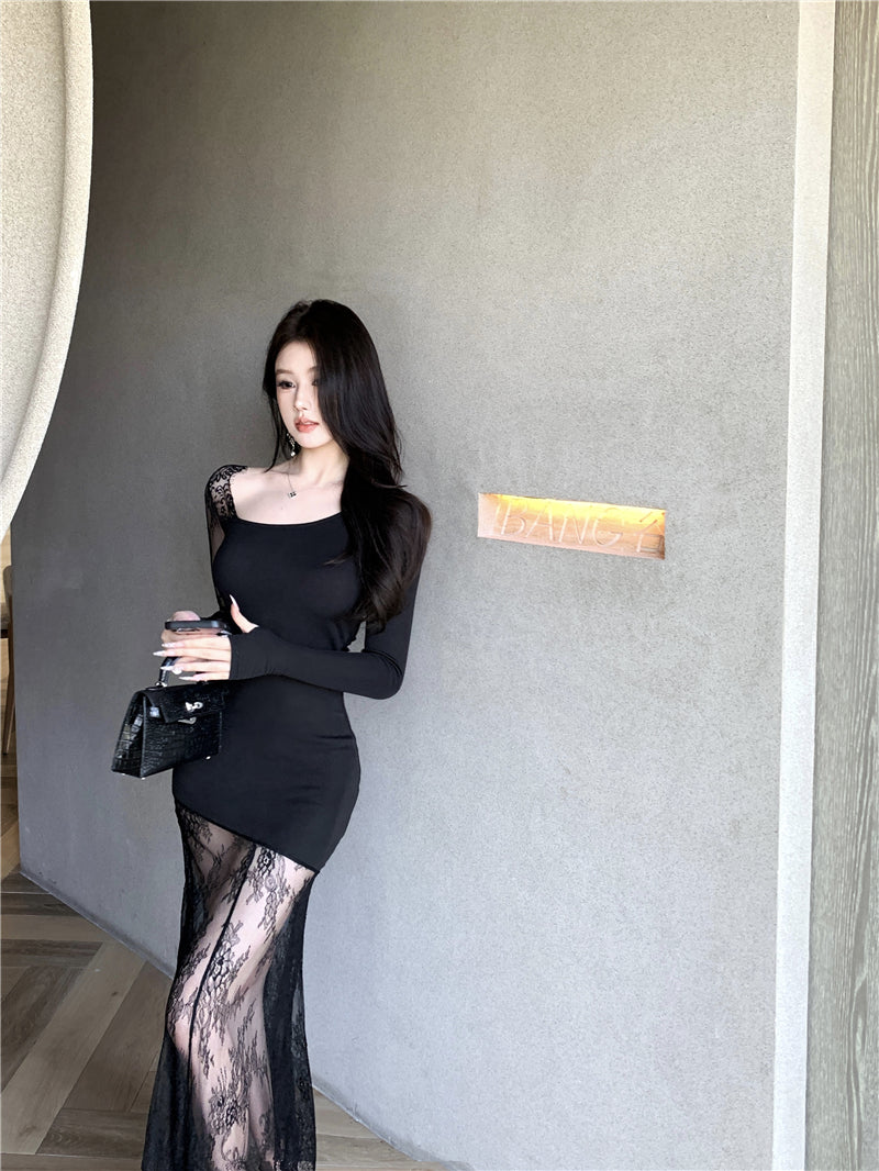 【dress】レース切り替え体型カバーワンピースG24187