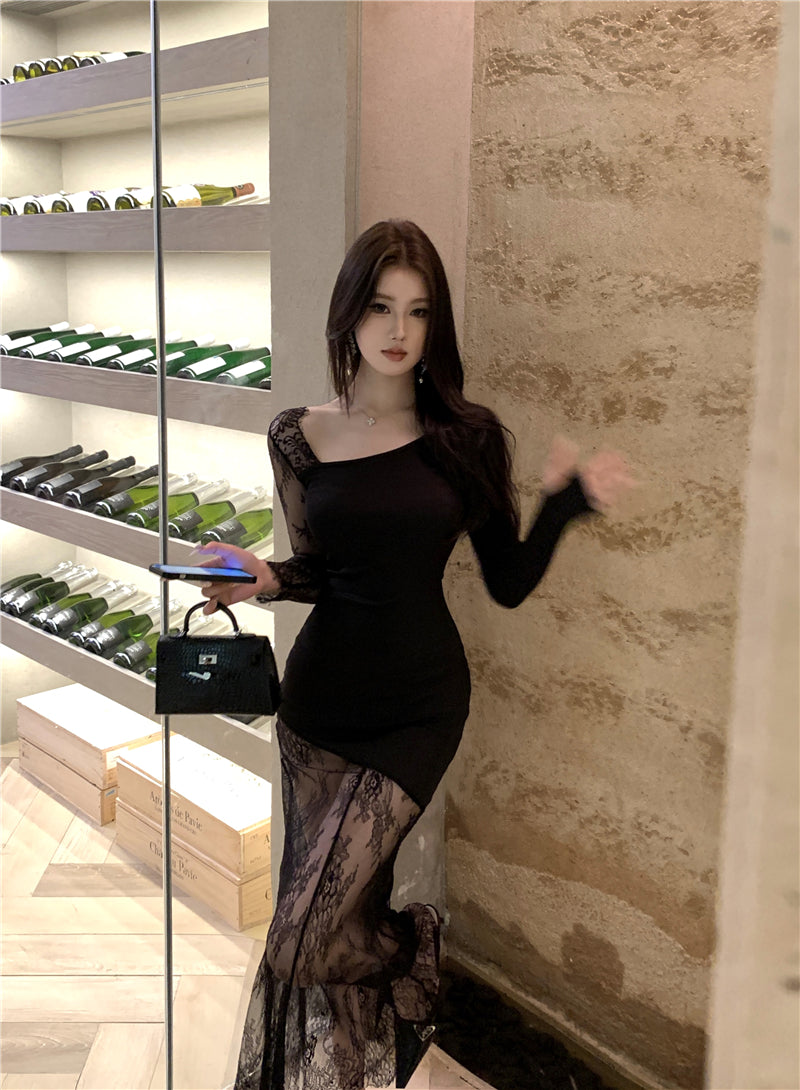 【dress】レース切り替え体型カバーワンピースG24187