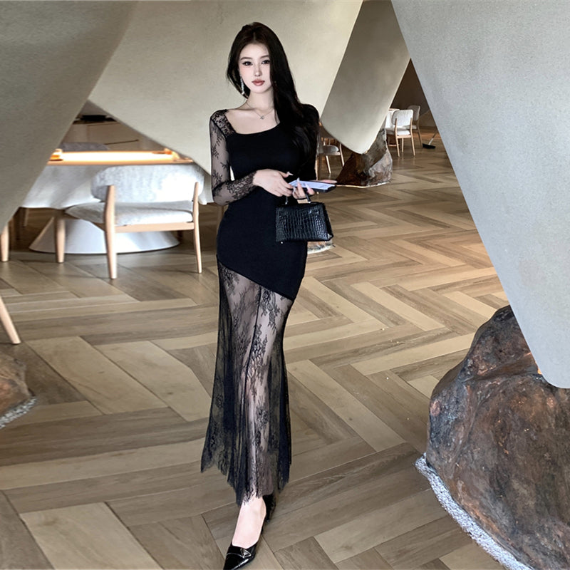 【dress】レース切り替え体型カバーワンピースG24187