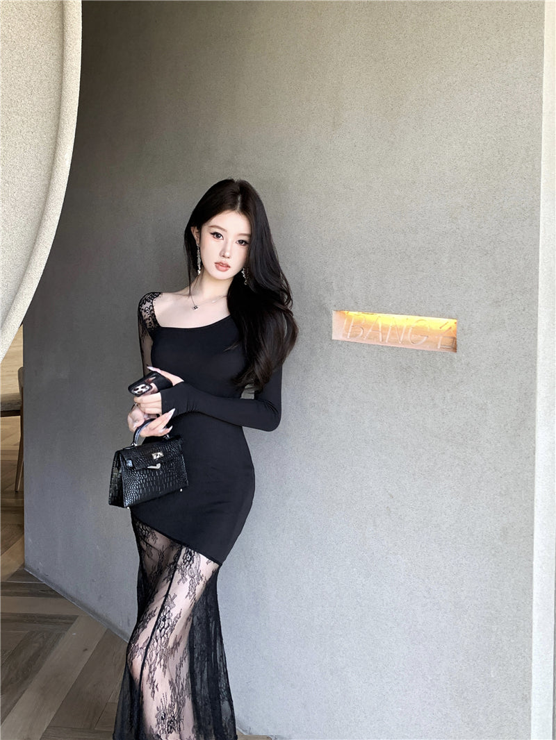 【dress】レース切り替え体型カバーワンピースG24187