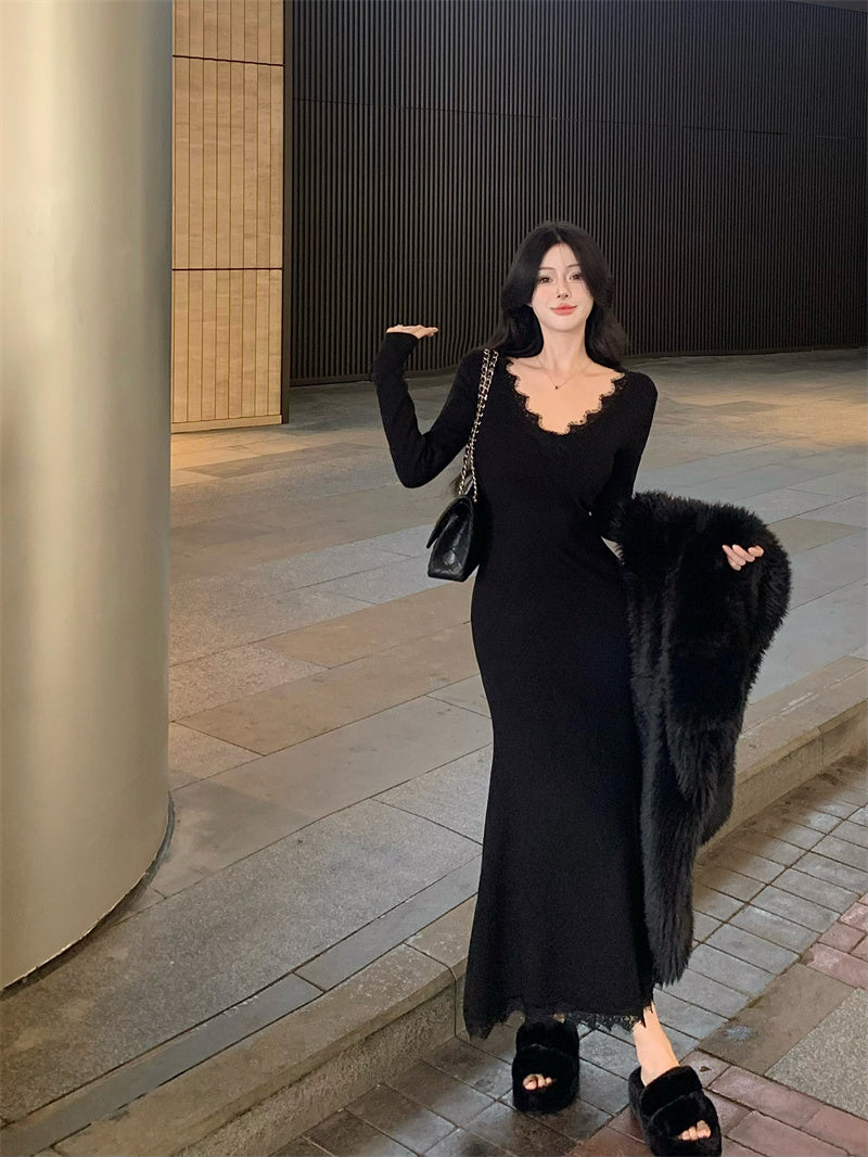 【dress】Vネックレース長袖マーメイドワンピースG24193