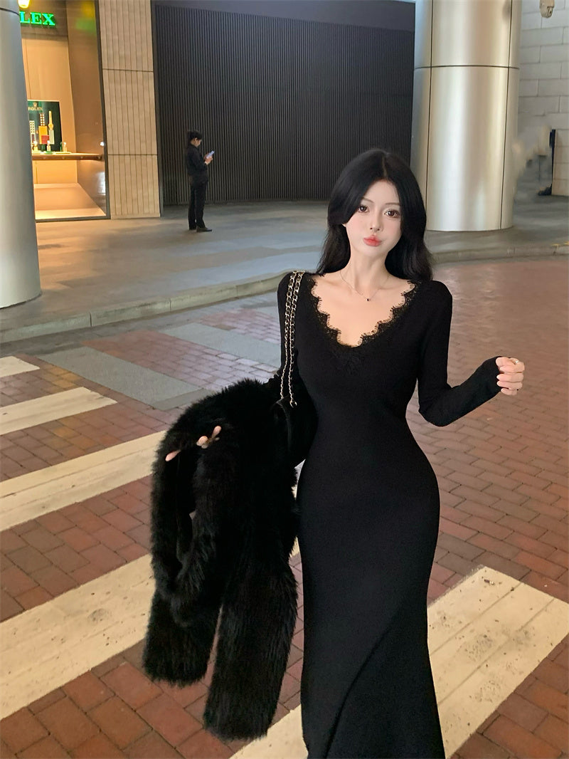 【dress】Vネックレース長袖マーメイドワンピースG24193