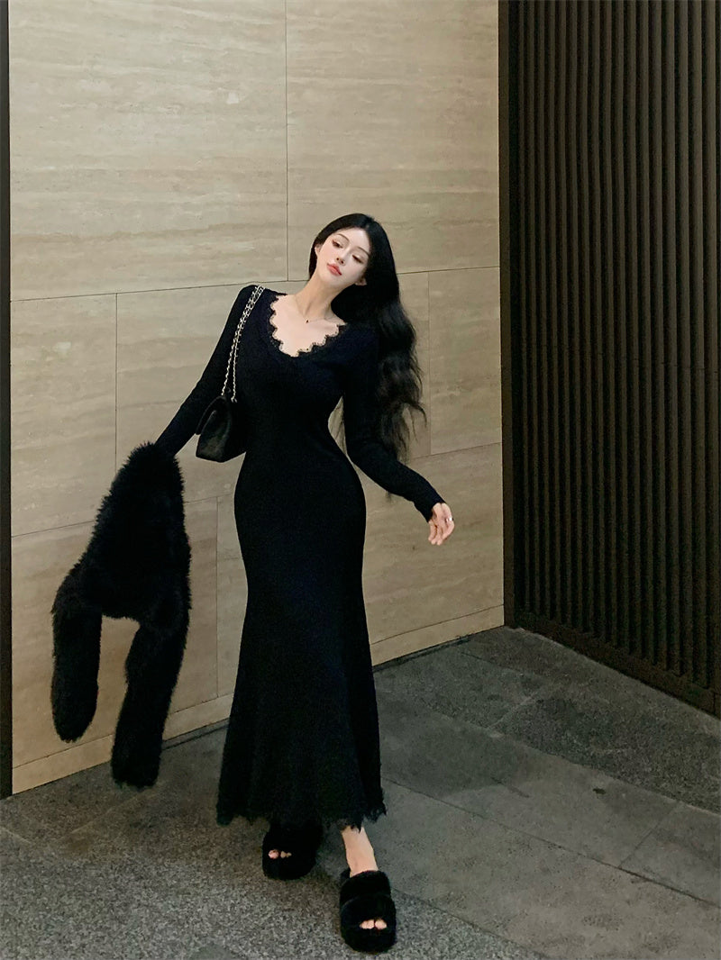 【dress】Vネックレース長袖マーメイドワンピースG24193