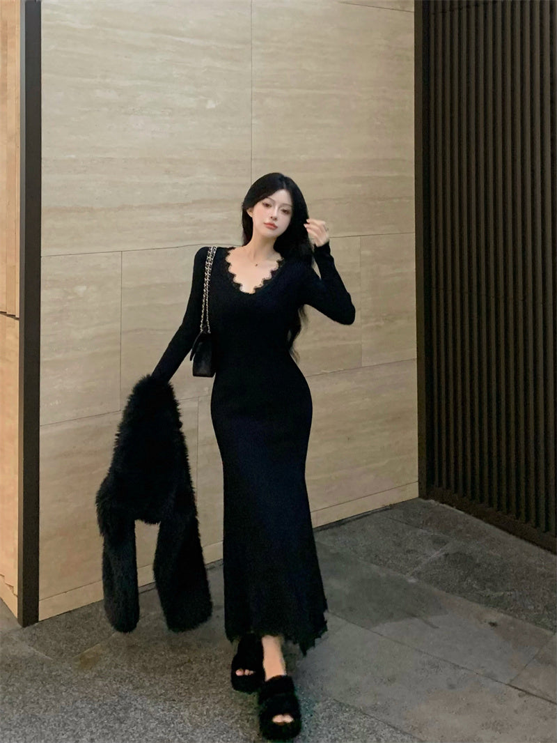 【dress】Vネックレース長袖マーメイドワンピースG24193