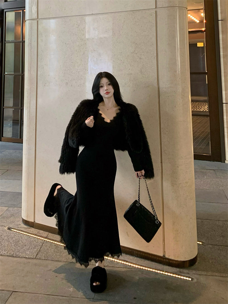 【dress】Vネックレース長袖マーメイドワンピースG24193