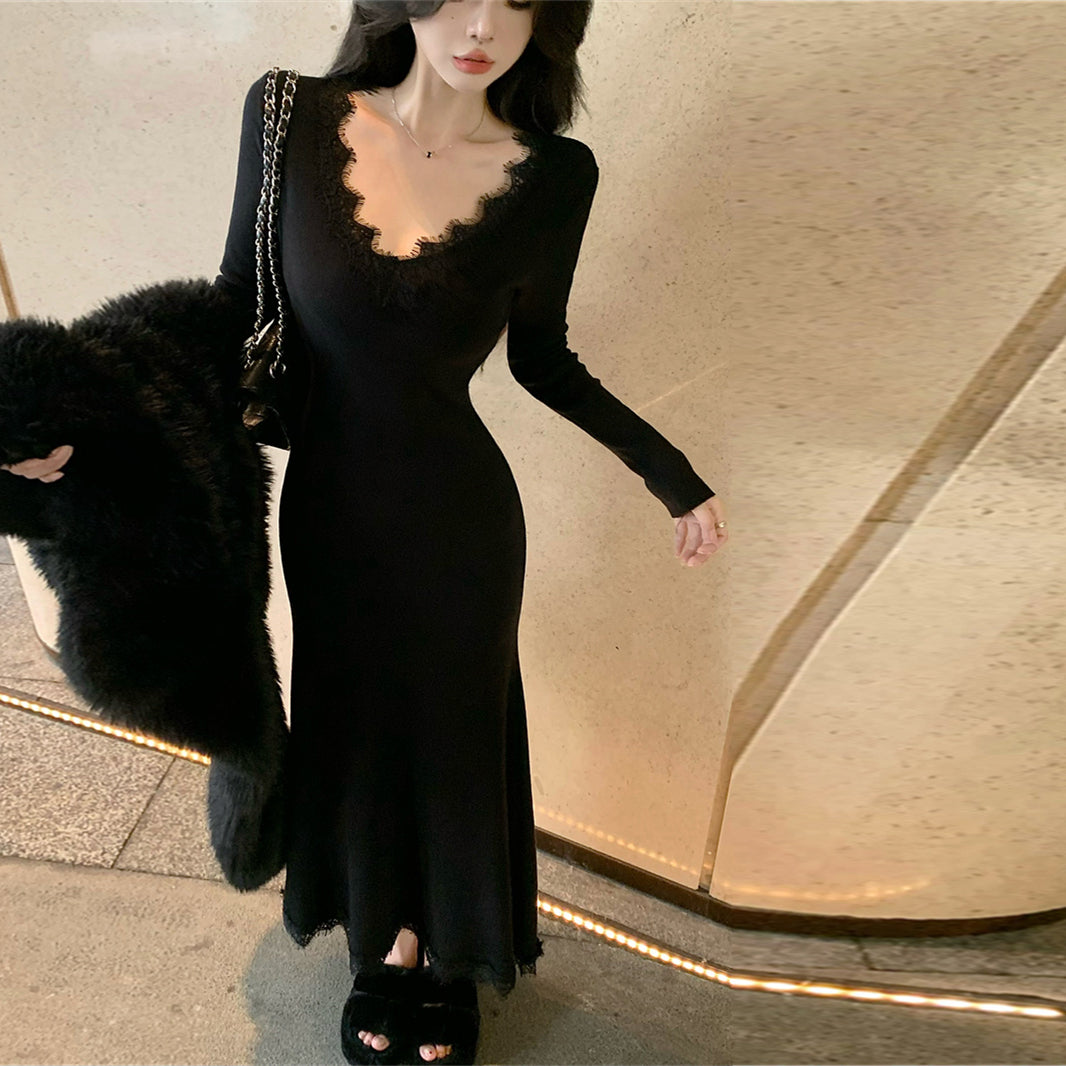 【dress】Vネックレース長袖マーメイドワンピースG24193