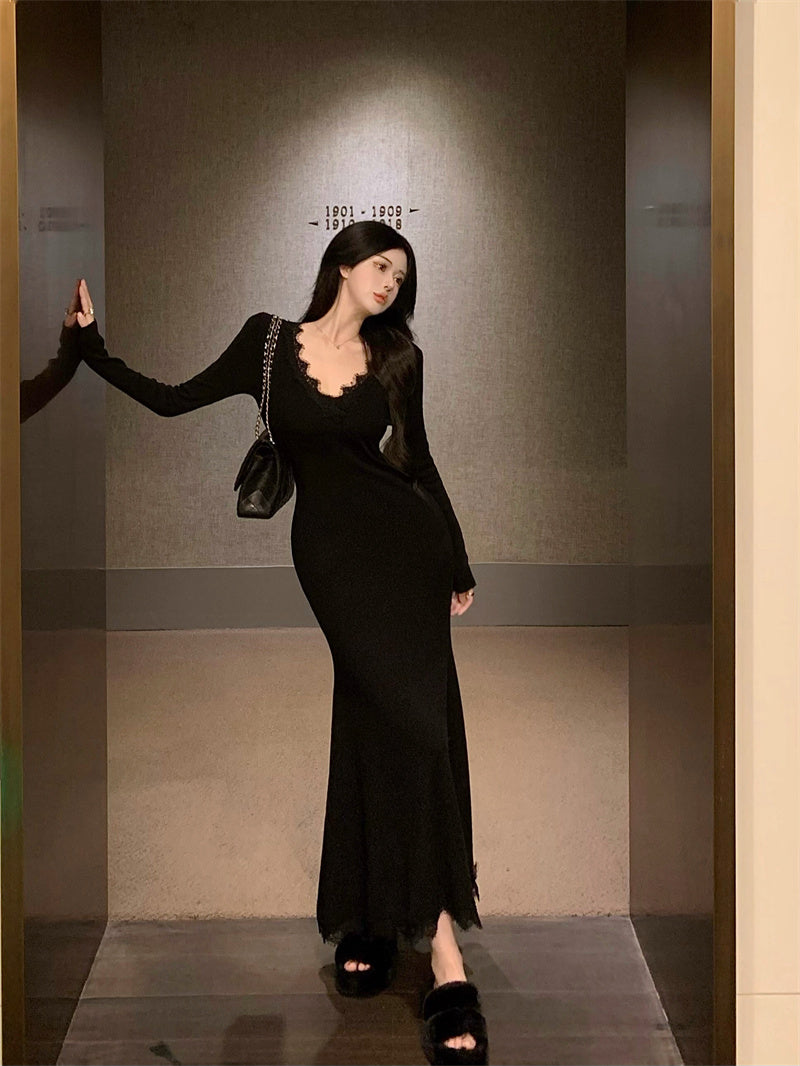 【dress】Vネックレース長袖マーメイドワンピースG24193