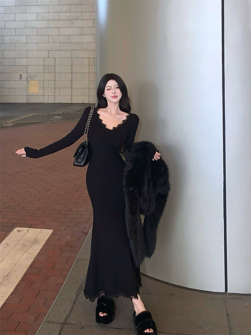 【dress】Vネックレース長袖マーメイドワンピースG24193