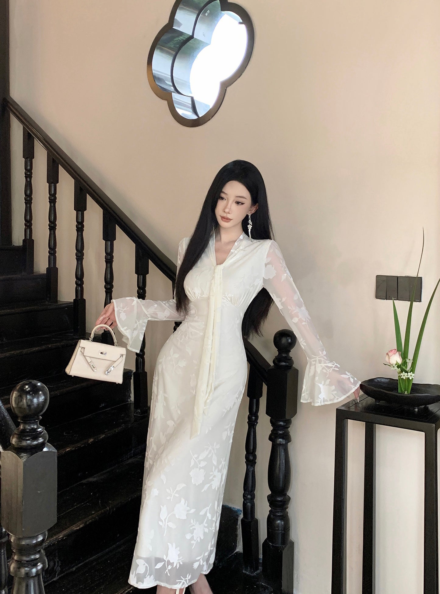 【dress】Vネック秋冬長袖ワンピースG24202