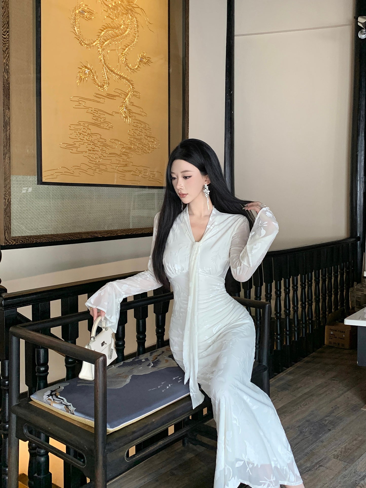 【dress】Vネック秋冬長袖ワンピースG24202