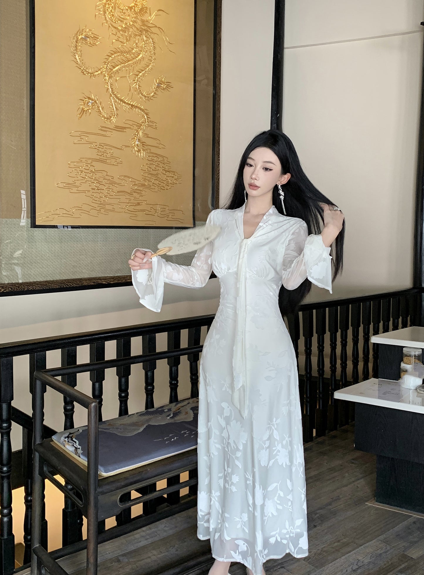 【dress】Vネック秋冬長袖ワンピースG24202