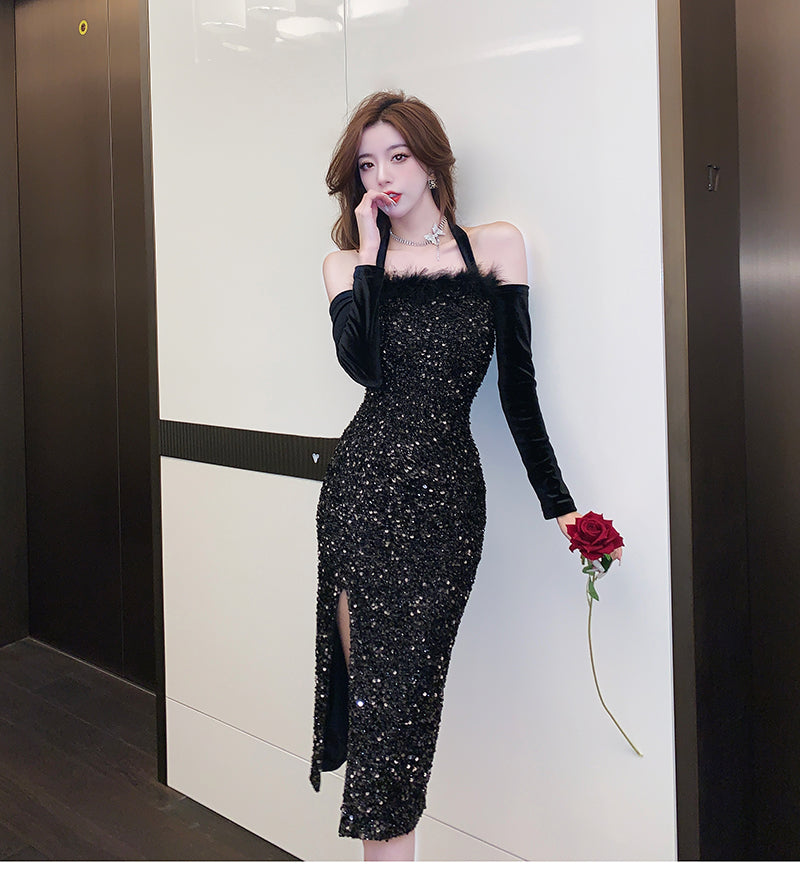 【dress】ファー切り替えオフショルダーワンピースG24204