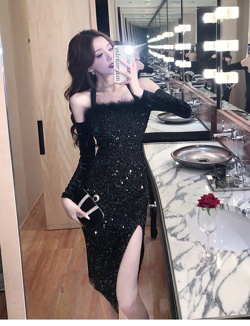 【dress】ファー切り替えオフショルダーワンピースG24204