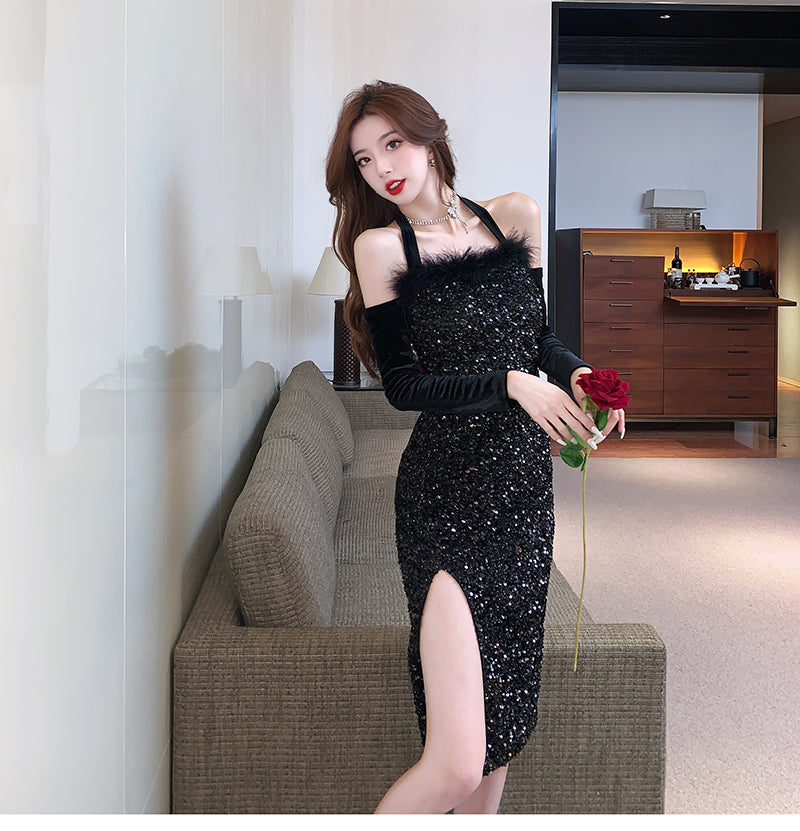 【dress】ファー切り替えオフショルダーワンピースG24204