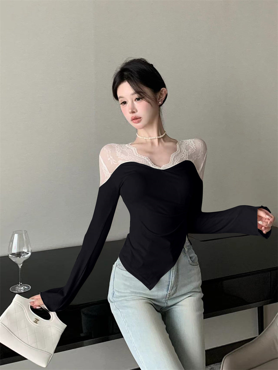 【tops】レース切り替え長袖TシャツG24208